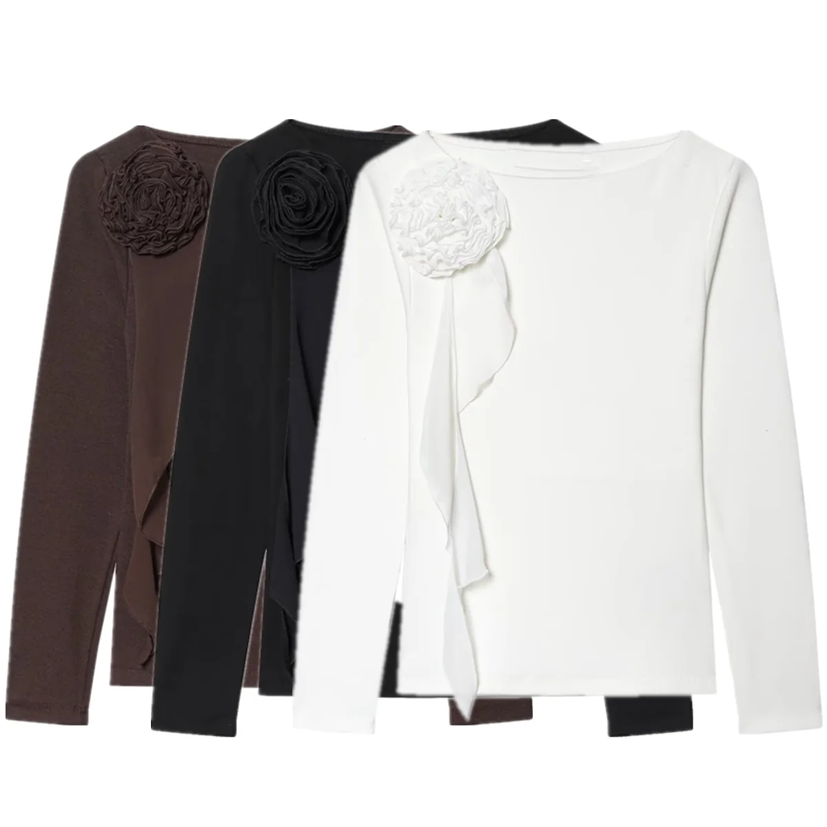 

Jenny&Dave Minimalist Ribbed Knit Slim Fit T-shirt With Floral Decoration Elegant Round Neck Knitwear Sweater Pullover Tops