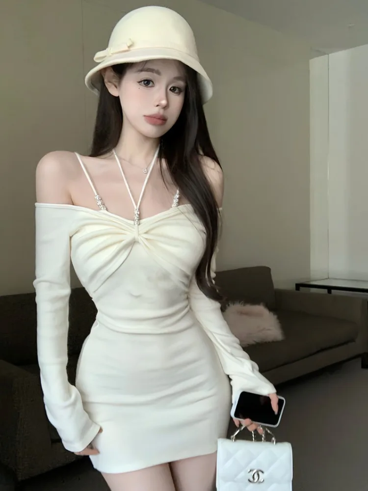 

Shoulder Baring Long Sleeve Beaded Knit Dress Women's Slim Fit Elegant Short Skirt Pure Desire Style Winter Commute Simple De...