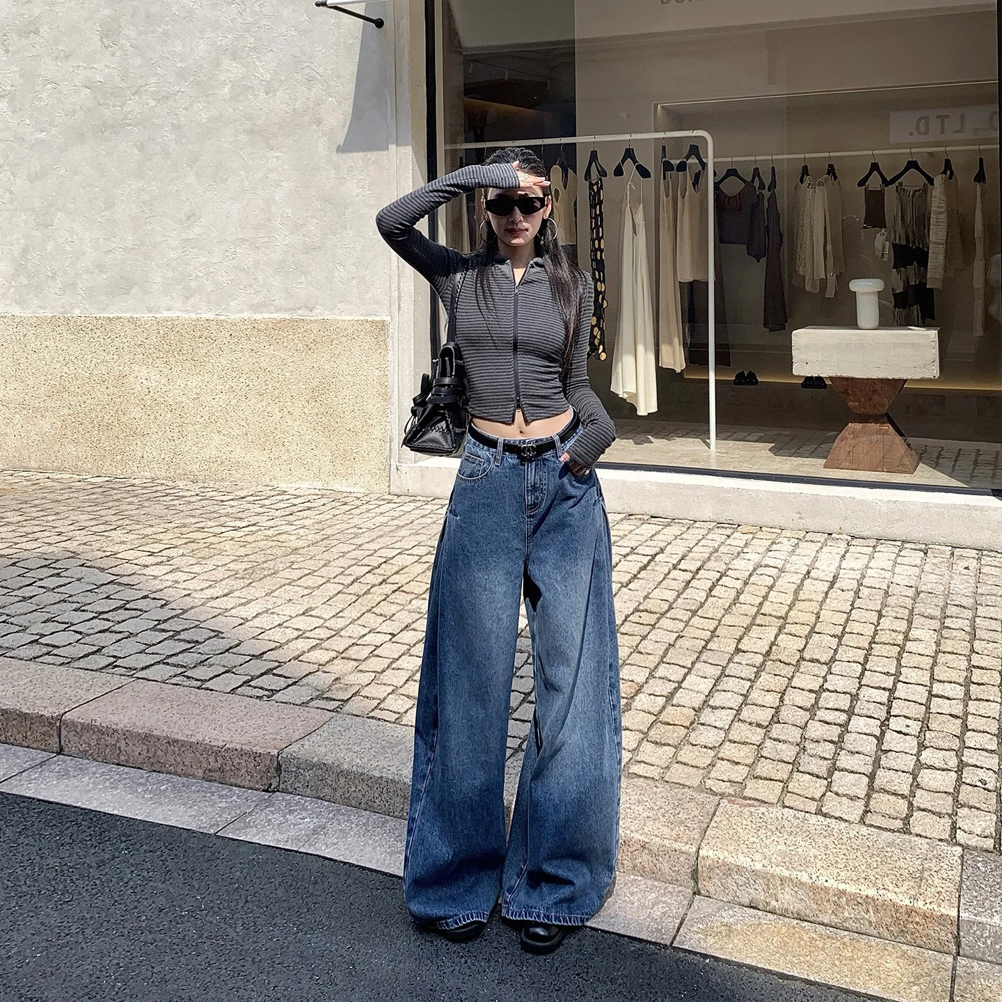 Pant Women Jeans Floor Length Peated Vintage Wide Leg Long Pants High Waist Straight Trousers Y2k Streetwear Elegant Work Autumn