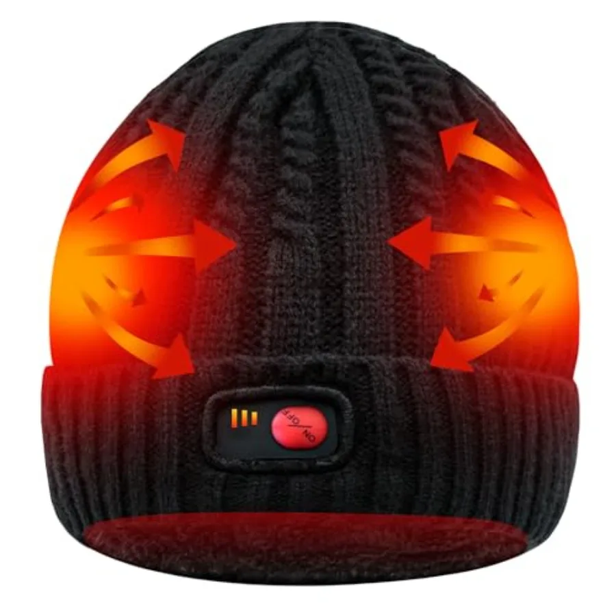 

Winter beanie hat for outdoor activities, polyester fabric, black, rechargeable battery heating system