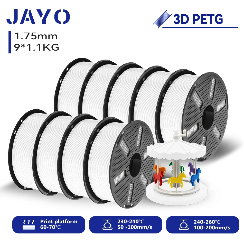 JAYO 9,9 kg 3D PETG/PETG Klares Druckerfilament 1,75 mm ±0,02 mm Hohe Zähigkeit & 100 % ordentlich gewickeltes 3D-Druckfilament, passend für 99 % der 3D-Drucker