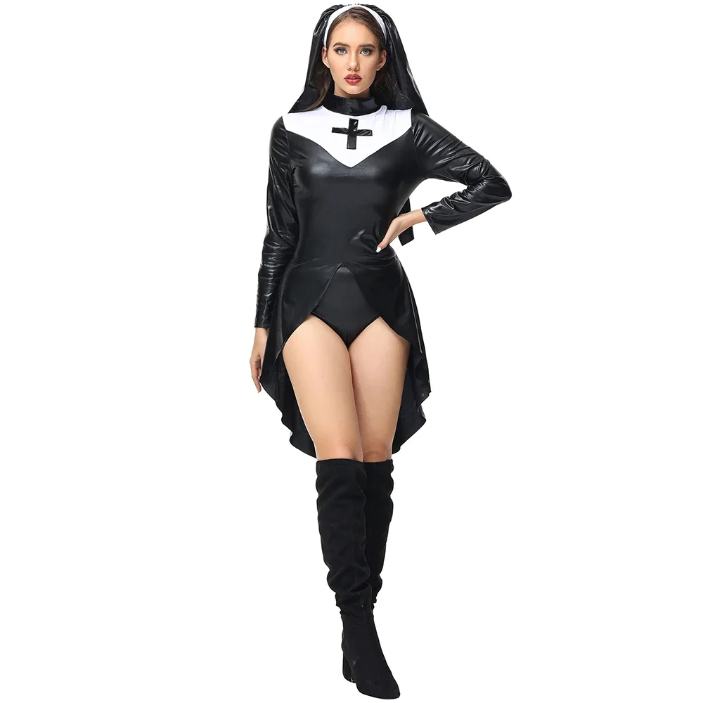 

Ladies Sexy Nun Costume PU Latex Slim Tuxedo Dress Medieval Nurse Cosplay Carnival Halloween Fancy Party Dress