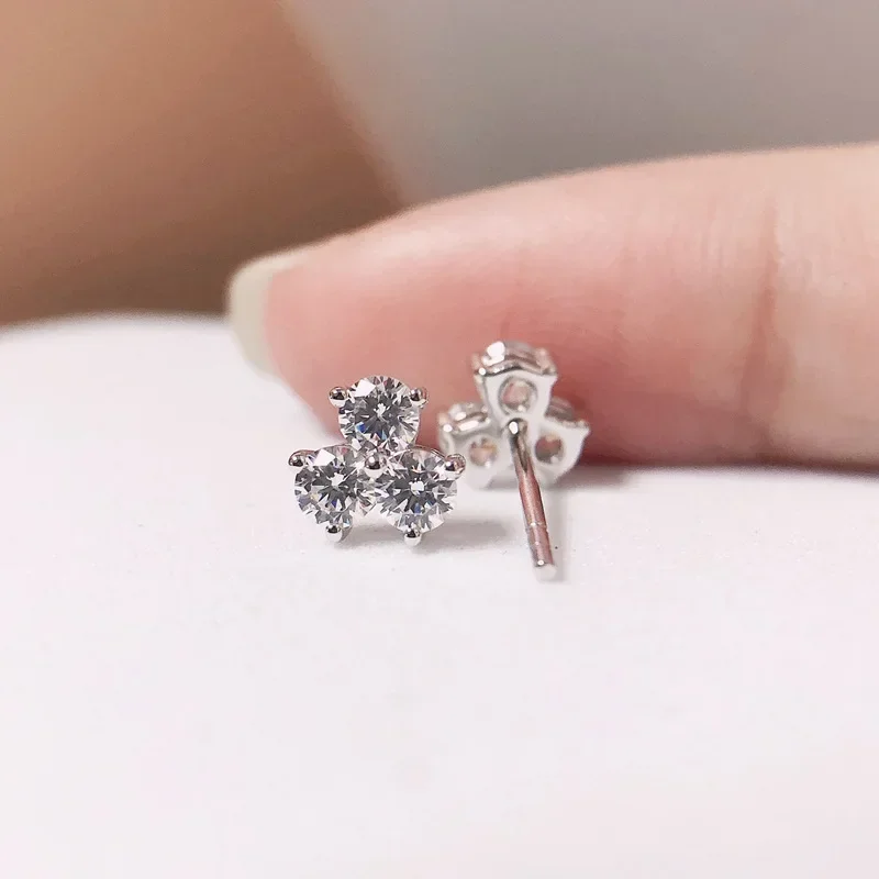 Solid 14K White Gold AU585 Platinum PT950 Earrings Spot Fashion Triple Diamond Compact Earrings Female Earrings