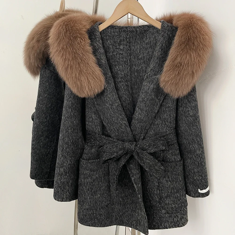 OFTBUY Winter Warme Dicke Wollbekleidung Luxuriöser Taillierter Damen-Wollmantel mit Gürtel und Echtem Pelzkragen Kapuzen-Wollmantel für Damen – Detail 9