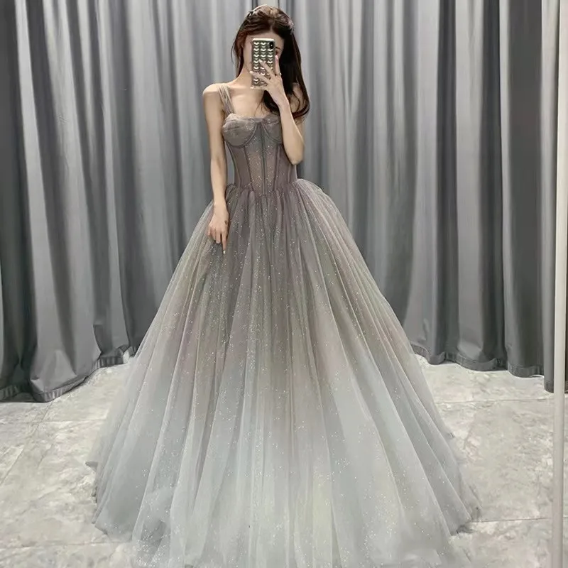 

Gradient Grey Luxury Evening Dress Sparkly Illusion A Line Sexy Spaghetti Sequins For Women Wedding Prom Party Performance Gowns