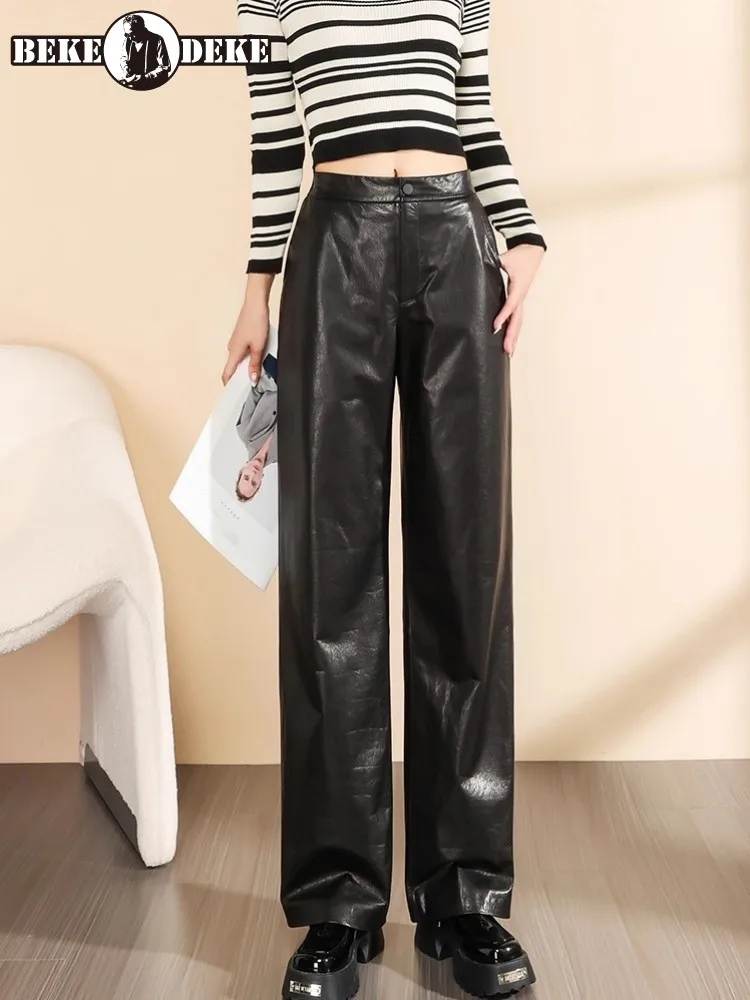 

Women Straight Genuine Leather Pants High Waist Button Casual Loose Fit Wide Leg Pants High Street Office Lady Cowhide Trousers
