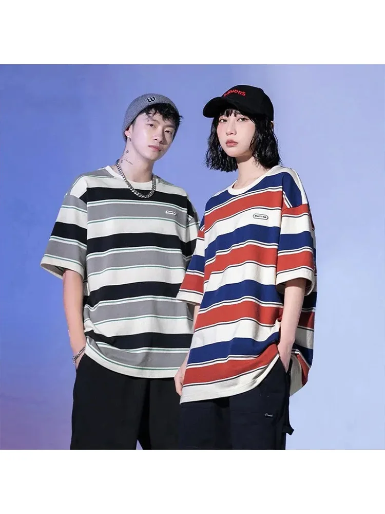 New Loose Contrast Color Short Sleeve Main Striped T-shirts Couples For Men And Women Summer Vintage Harajuku Tee Oversized Tops