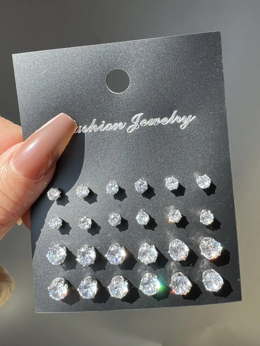 

12 Pairs Cubic Zirconia Stud Earrings Set For Women