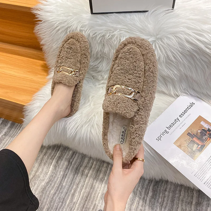 

Меховые сабо Женская обувь Металлические украшения Тапочки с круглым носком Слипоны на плоской подошве Мюли Неглубокие туфли Большой размер Коричневый Белый Черный