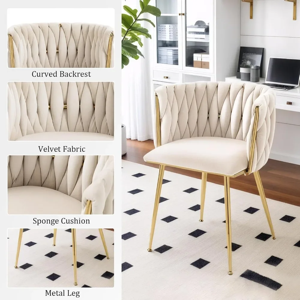 Juego de 4 sillas de comedor de terciopelo, silla decorativa con patas de metal dorado, silla de comedor tapizada tejida para sala de estar/dormitorio/cocina