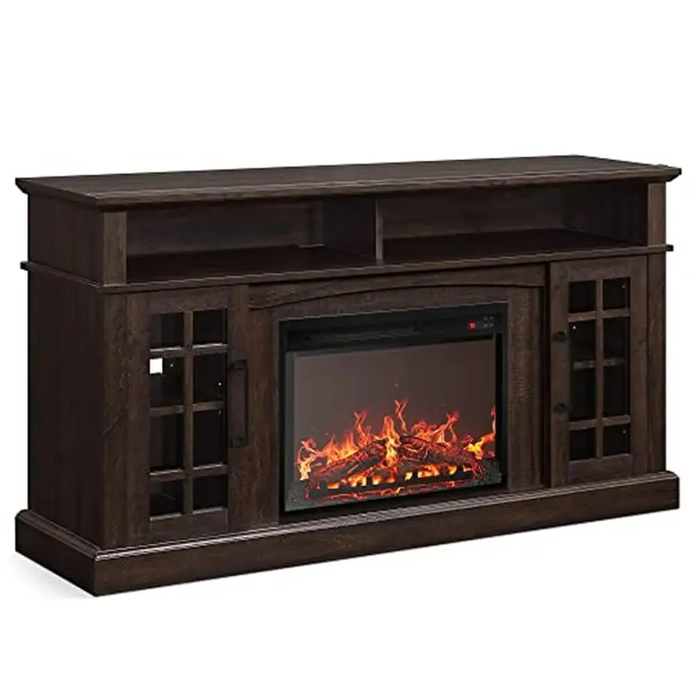 Rustic TV Stand Electric Fireplace Console Entertainment Cabinet Adjustable Shelves 100 Day Returns