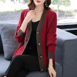 Frühling und Herbst neue lose Knopf farbige Strickjacke Frauen koreanische lässige Mode V-Ausschnitt Faden Langarm Pullover Strick mantel Top