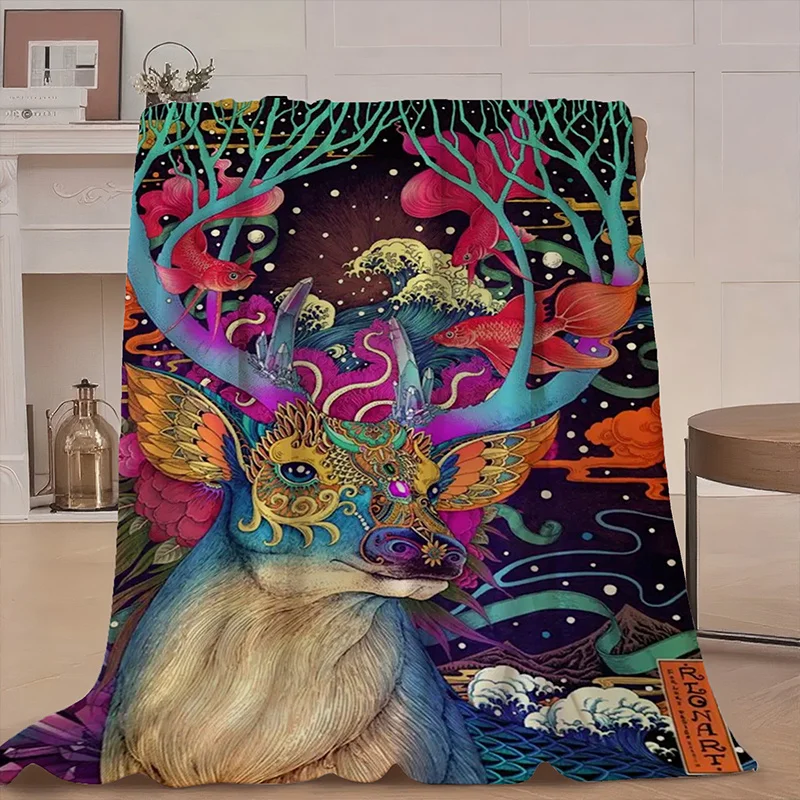 Fantasy Sacred Deer Illustration Themed Flannel Blanket | Polyester, Digital Print, Suitable for All Seasons, Ideal for Bedroom