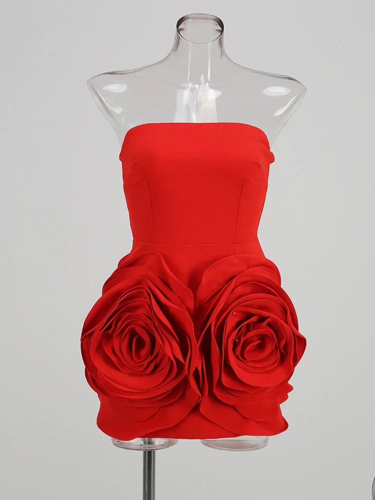 

Red Cocktail Party Dresses Women Strapless Sleeveless Chic And Pretty 3D Flower Sweet Cute A -Line Mini Dress