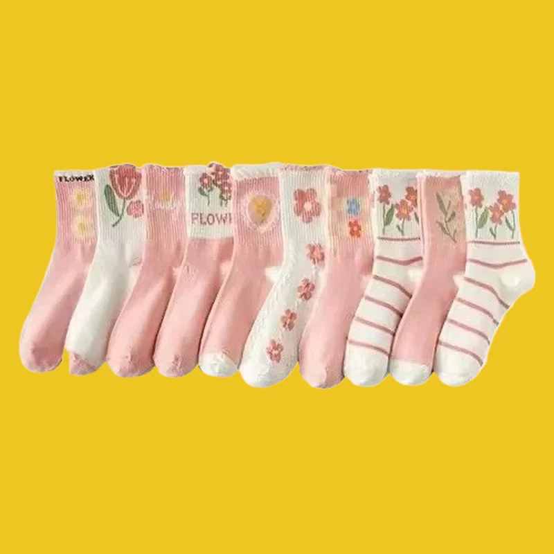 Chaussettes mi-longues en dentelle pour femmes, chaussettes à talons hauts pour filles, coton, haute qualité, mode douce, printemps, 5/10, 2024 paires