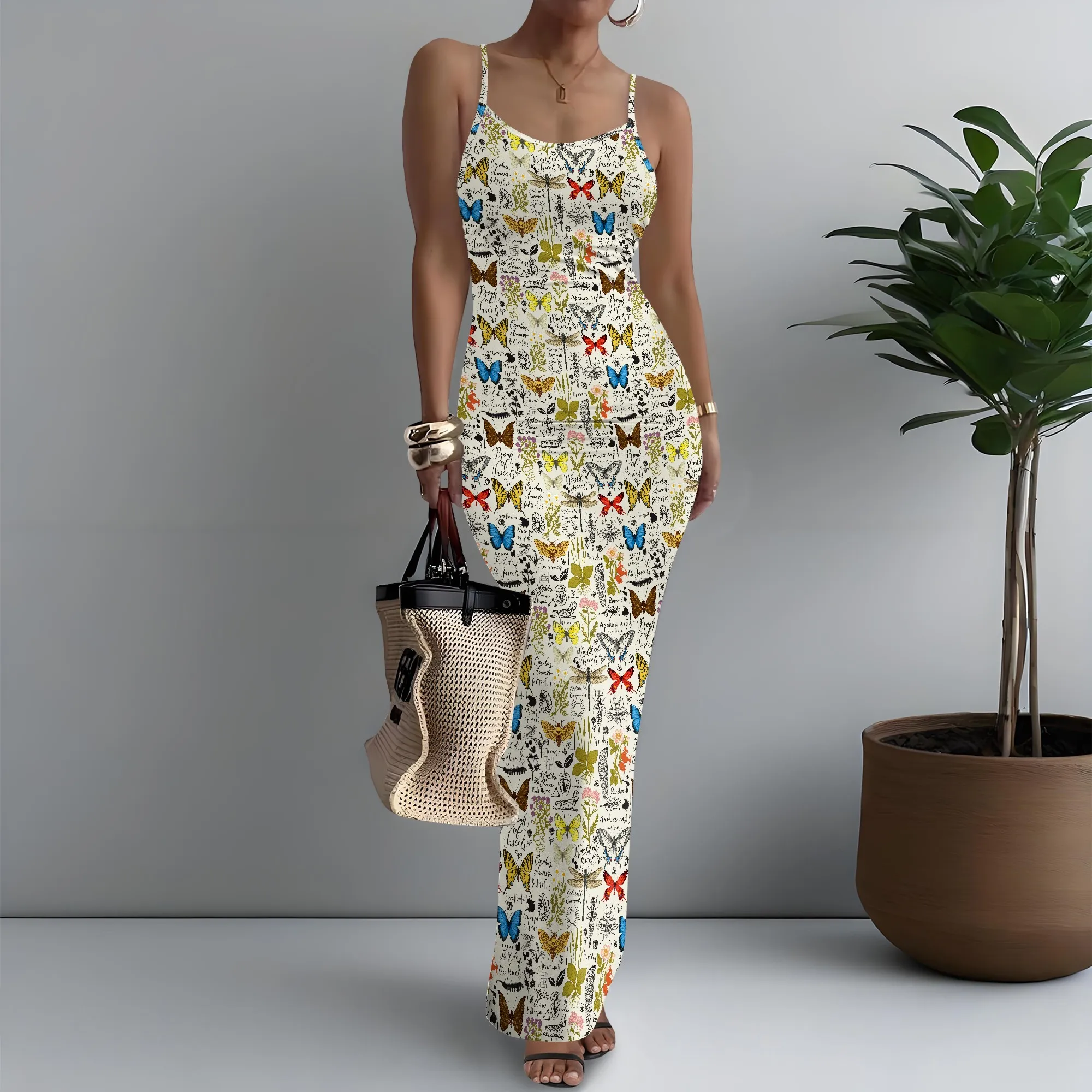 

Women's Spaghetti Strap Maxi Dress Minimalist Butterfly Print Refined XS-3XL