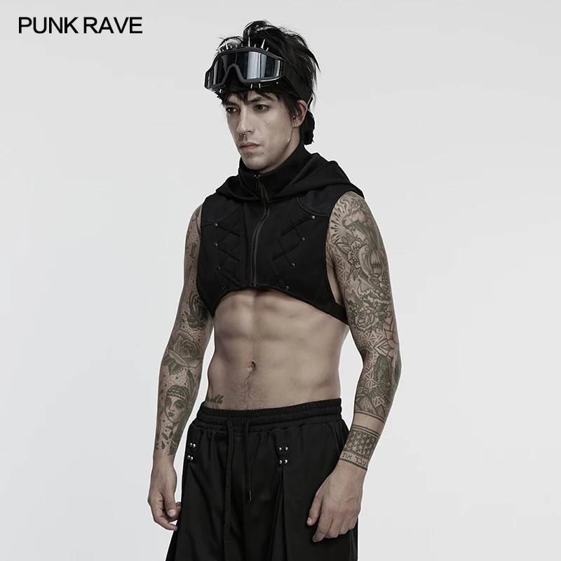 PUNK RAVE Men's Cyberpunk Knit Mesh Stand Up Collar Hooded Short Vest Segmentation Splicing Layering Sense Personality Tops