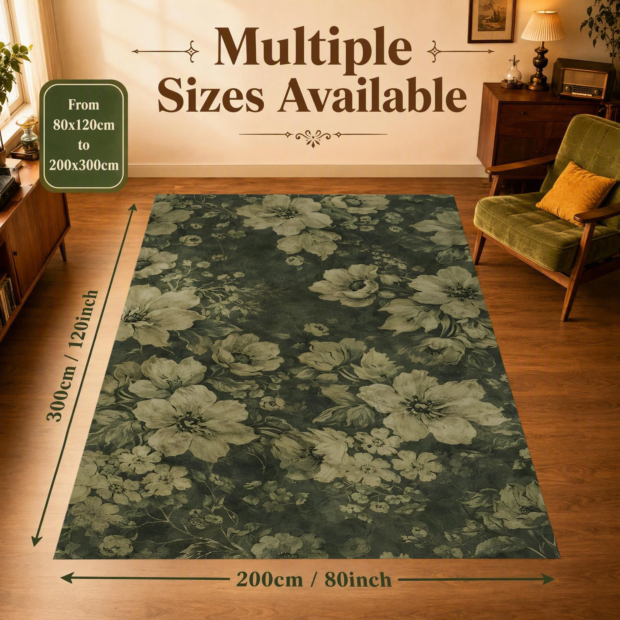 2D Carpet with Dark Background and Light Yellow Retro Floral Pattern in French Retro Style for Living Room and Bedroom