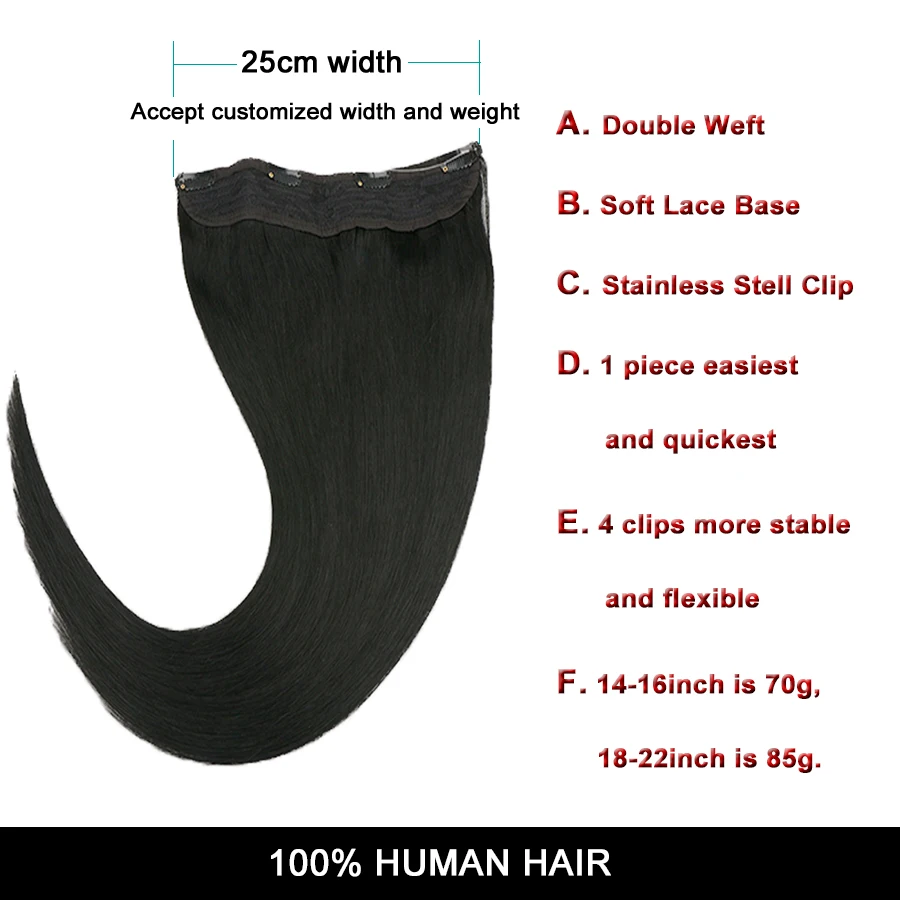 Wire Hair Extensions Real Human Hair Straight Hair Extensions Invisible Wire Fish Line Hair Extensions Color #1 Human Hair