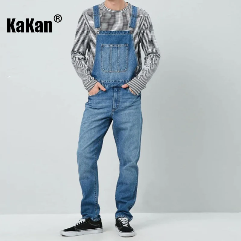 Kakan - European and American New Strap Pants, Strap Jeans, Dark Blue Light Blue Men's Jumpsuit Pants K74-0037