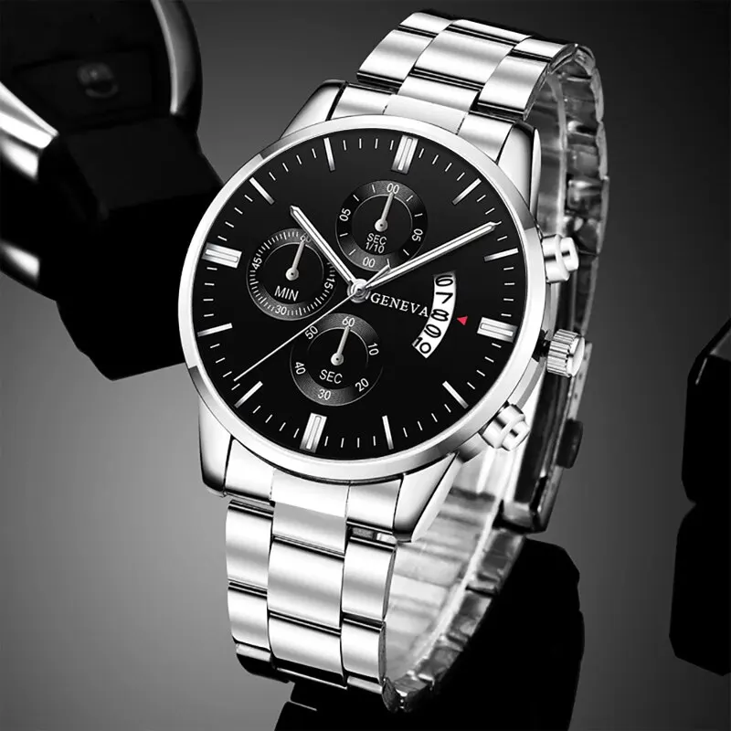 Fashion Mens Watches Luxury Silver Stainless Steel Quartz Wrist Watch Man Business Watch for Men Calendar Clock Reloj Hombre