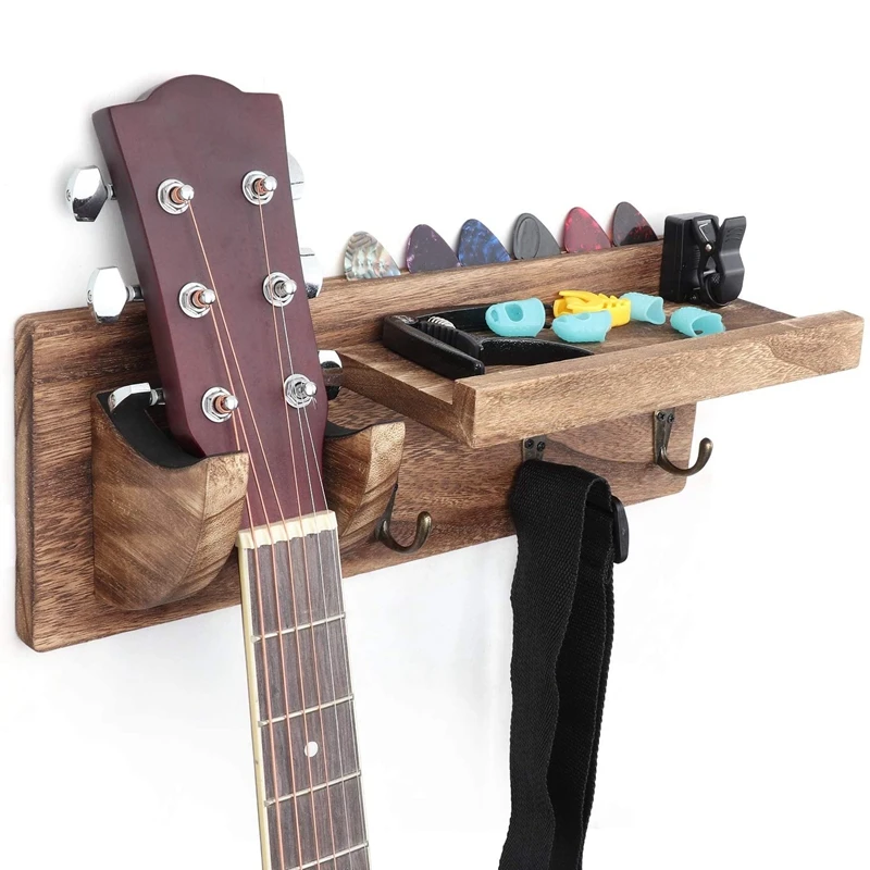 Guitar Wall Hanger Guitar Holder Wall Mount Bracket Hanger Guitar Wood Hanging With Pick Holder And 3 Hooks Carbonized