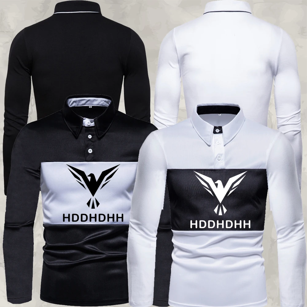 HDDHDHH Brand Printing Men\'s Lapel T-shirt Long-sleeved Polo Shirt Business Casual Black And White Contrast Breathable Top