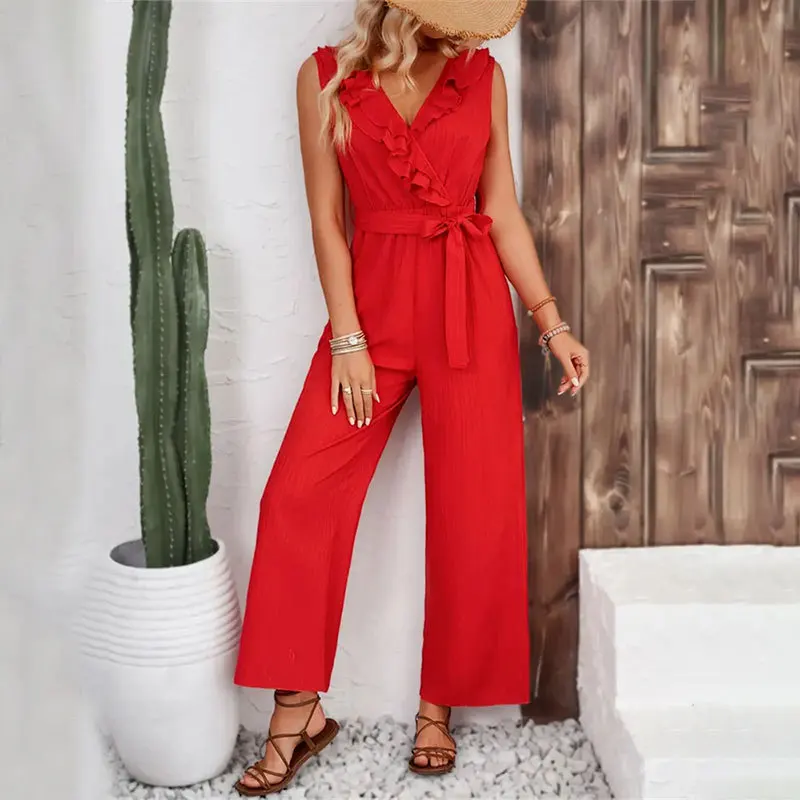 Women's Jacquard Striped Red Jumpsuit For Summer New Lace Up V-neck Sleeveless Straight Leg Casual Wide Leg Pants For Women 2024