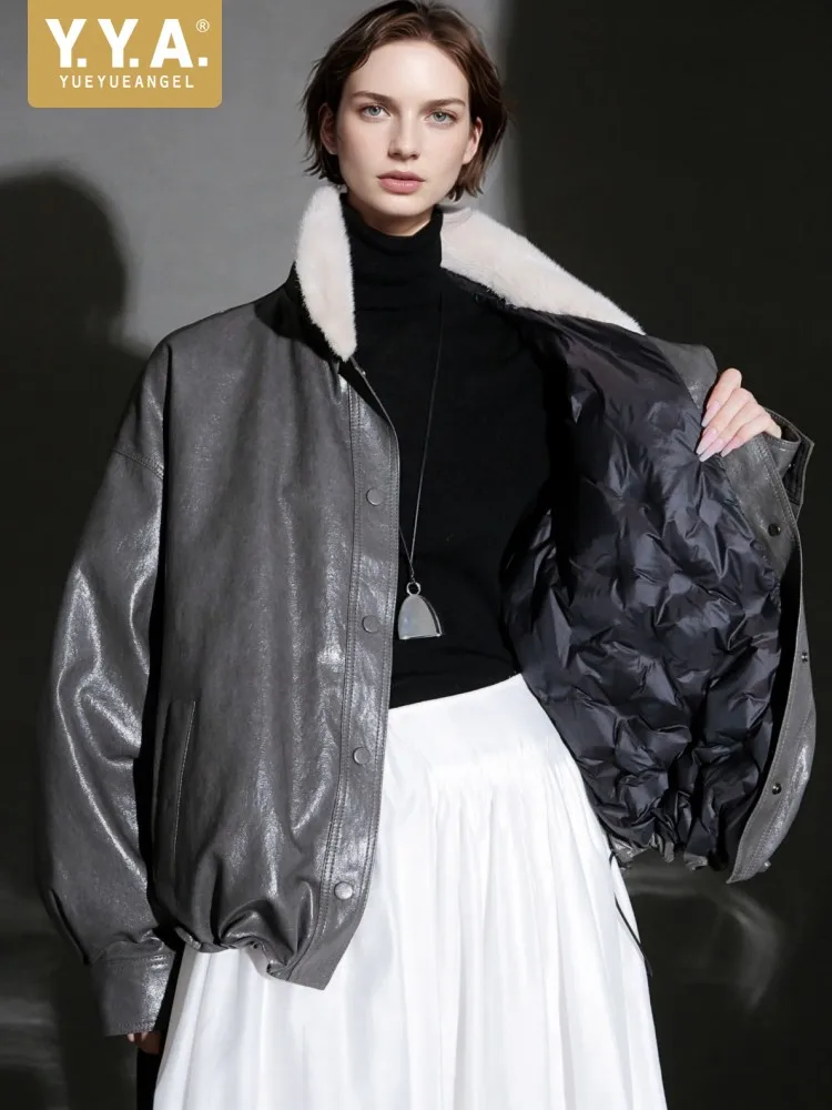 Women High Quality Mink Fur Lapel Collar Real Sheepskin Down Jacket Autumn Winter Single Breasted Loose Goose Down Coat Warm