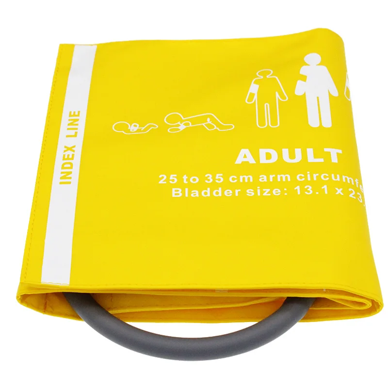 

Reusable PU Leather Blood Pressure Cuff for Adult 25-35cm Arm,40cm Air Single/Double Hose Yellow Color, 5 Pieces/Bag.