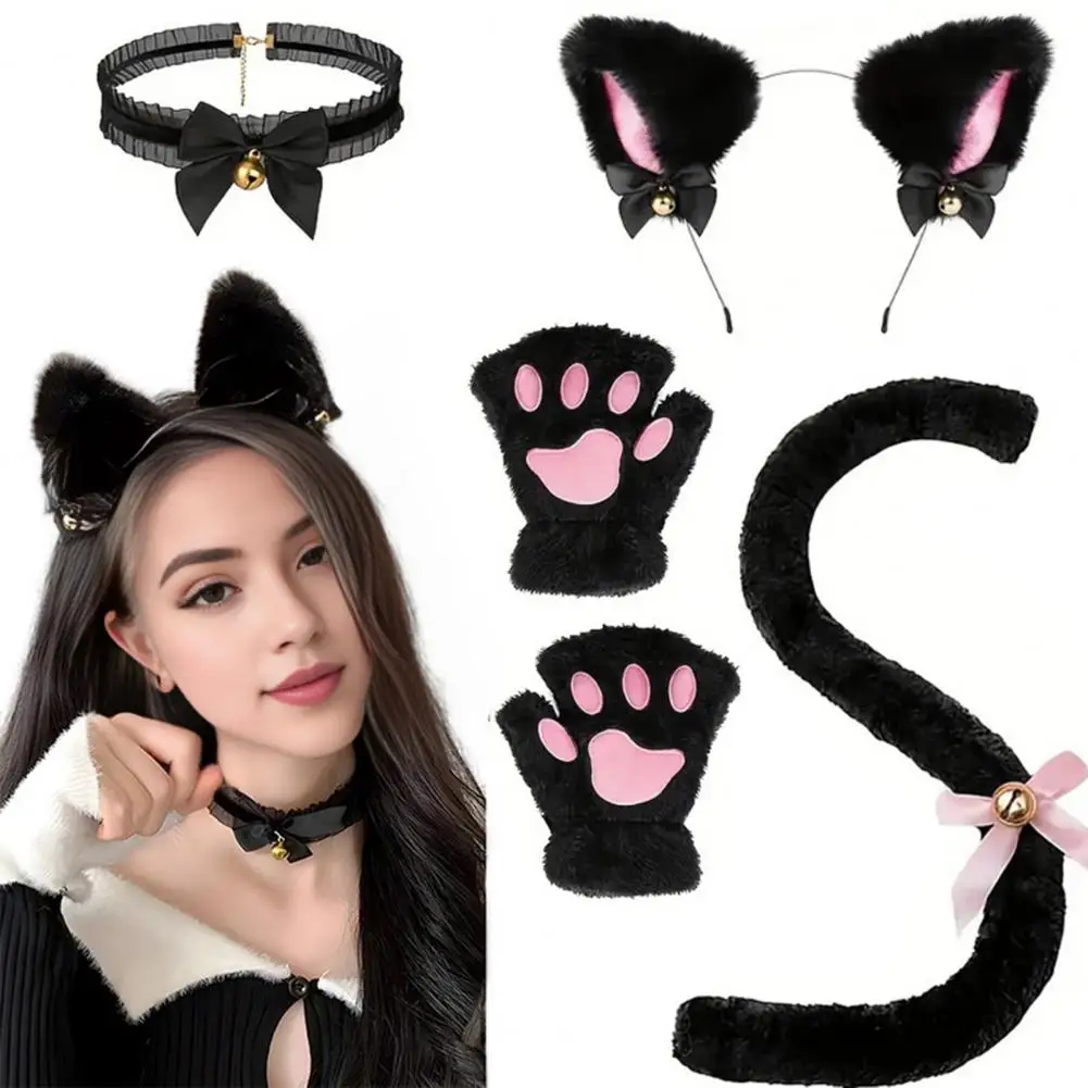 Cat-themed Accessory Bundle Plush Cat Costume Accessories Set with Bell Necklace Claw Gloves Cosplay Cat Ear Headband for Dress