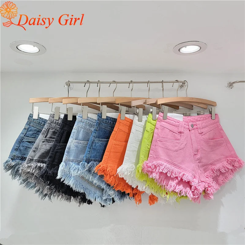 

New Summer Fashionable Rosted Denim Shorts Hot Girl Ripped Solid Color Mid-Waist Loose Slim Versatile A-line Wide-leg Hot Pants