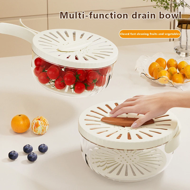 1PC New Drain Basket With Lid Fruit Rice Washing Drain Basket With Handle Refrigerator Storage Bowl Home Kitchen Organizer