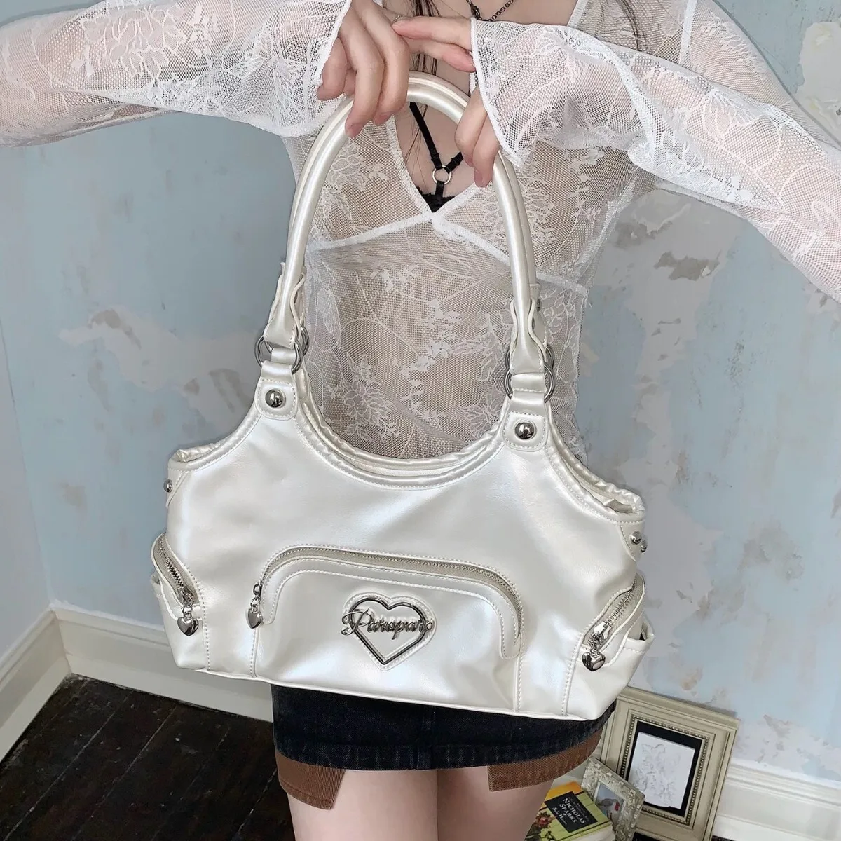 

Y2k Motorcycle Bolsos Mujer Large Capacity Tote Handbag Ladies Underarm Sac Femme Shoulder Bags For Women Heart Zip Bolso