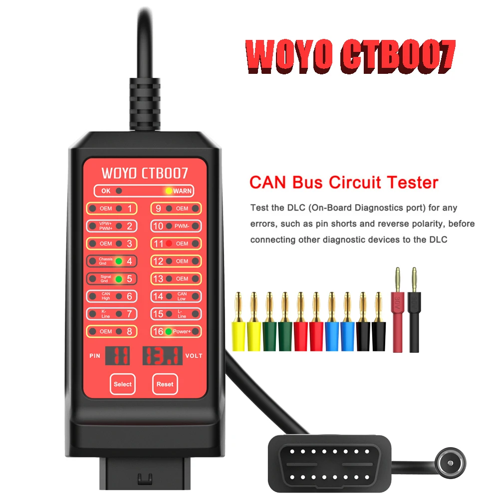 

WOYO CTB007 CAN Tester 12V 24V OBD2 Breakout Box 16Pin Bus Circuit Tester On-Board Diagnostic Tester