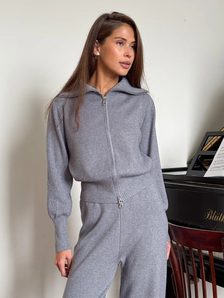 2025 Autumn Winter Knitted Two Piece Set Female Long Sleeve Zipper Sweater Cardigan Casual Trousers Knit Outfits Lady
