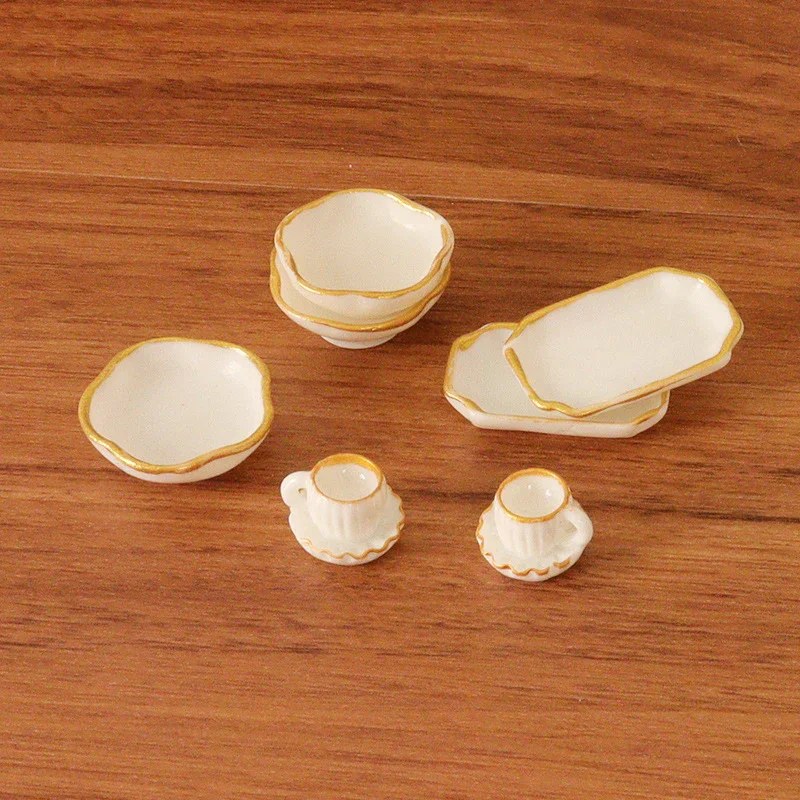 1Set 1:12 Dollhouse Miniature Dinner Plate Coffee Cup Tray Bowl Dishes Kitchen Tableware Model Decor Toy Doll House Accessories