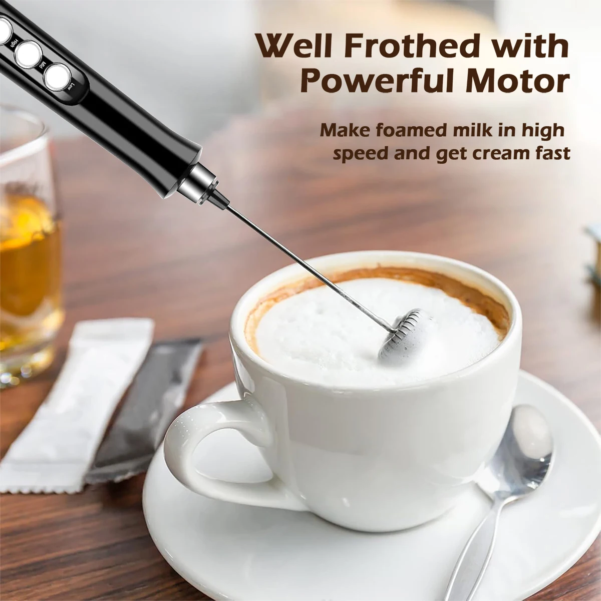 Wireless Rechargeable Electric Milk Frother - 3 Speeds, Handheld Foam Maker for Latte, Cappuccino, Hot Chocolate - USB Rechargea