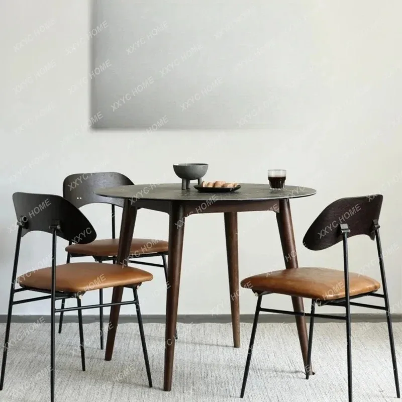 

Q Simple Stone Plate Solid Wood Dining Table Simple Tempered Glass Small Apartment Internet Celebrity round