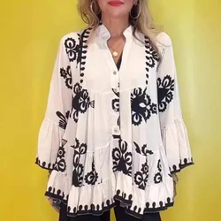 Vintage Printed V-neck Button Irregular Blouse Women Spring Casual Long Sleeve Loose Shirt Summer Sexy Ruffle Top Femme Pullover