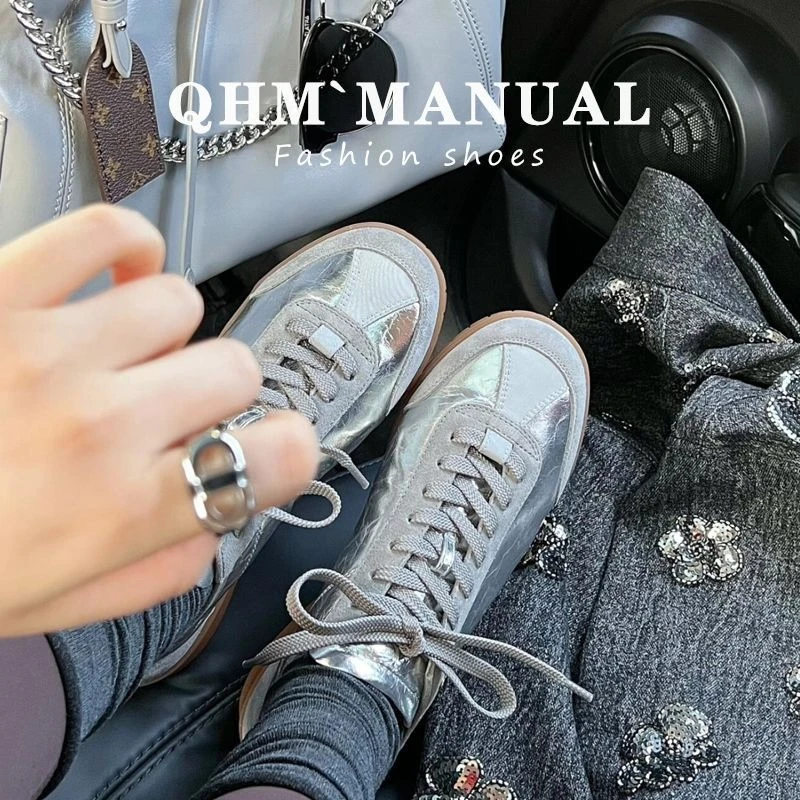 

2025 Stylish Women's Leather Silver Trainer Shoes High-End Texture Lightweight Versatile Flat Casual Board Sneakers