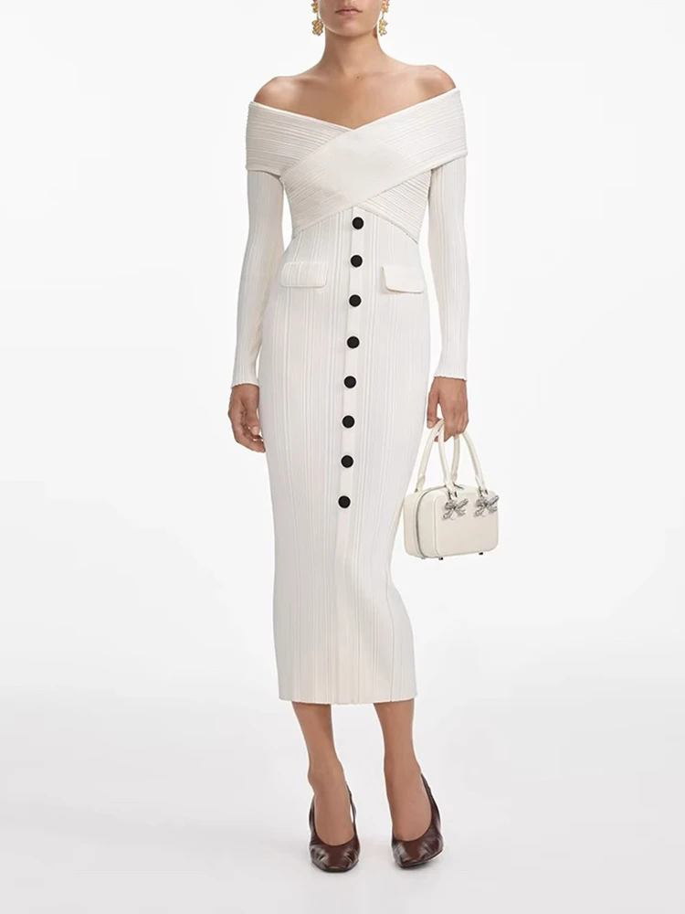 One Shoulder Backless Cross Slim Knit Package Hip Long Autumn Fashion Button Decoration Long Sleeve Women\'s Dresses 2024 New