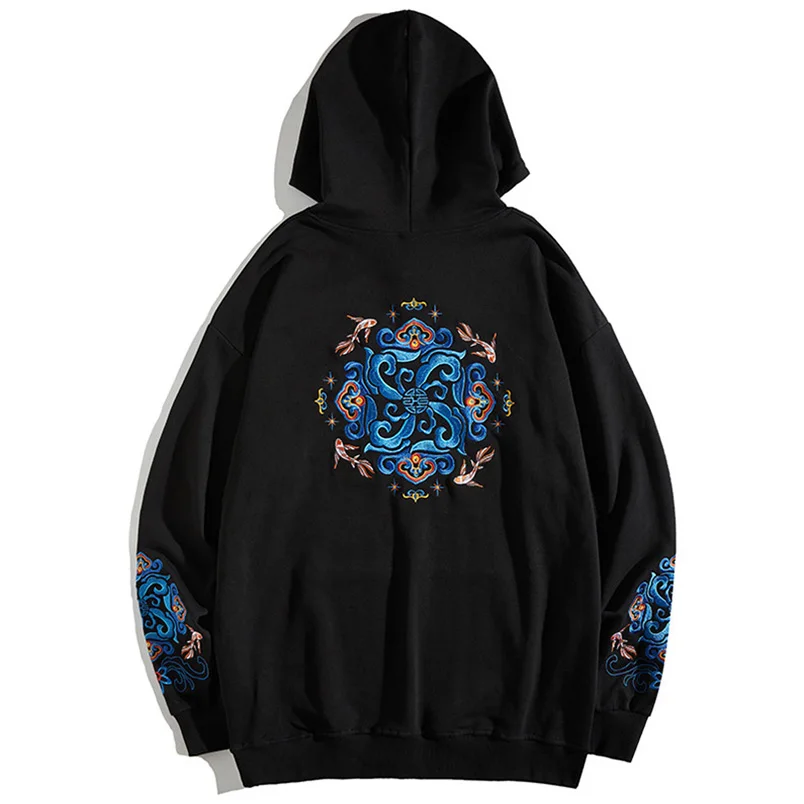 Men Floral Embroidery Sweatshirt Harajuku Sukajan Hooded Hoodies Casual Cotton Couple Pullover 2024 Spring Autumn