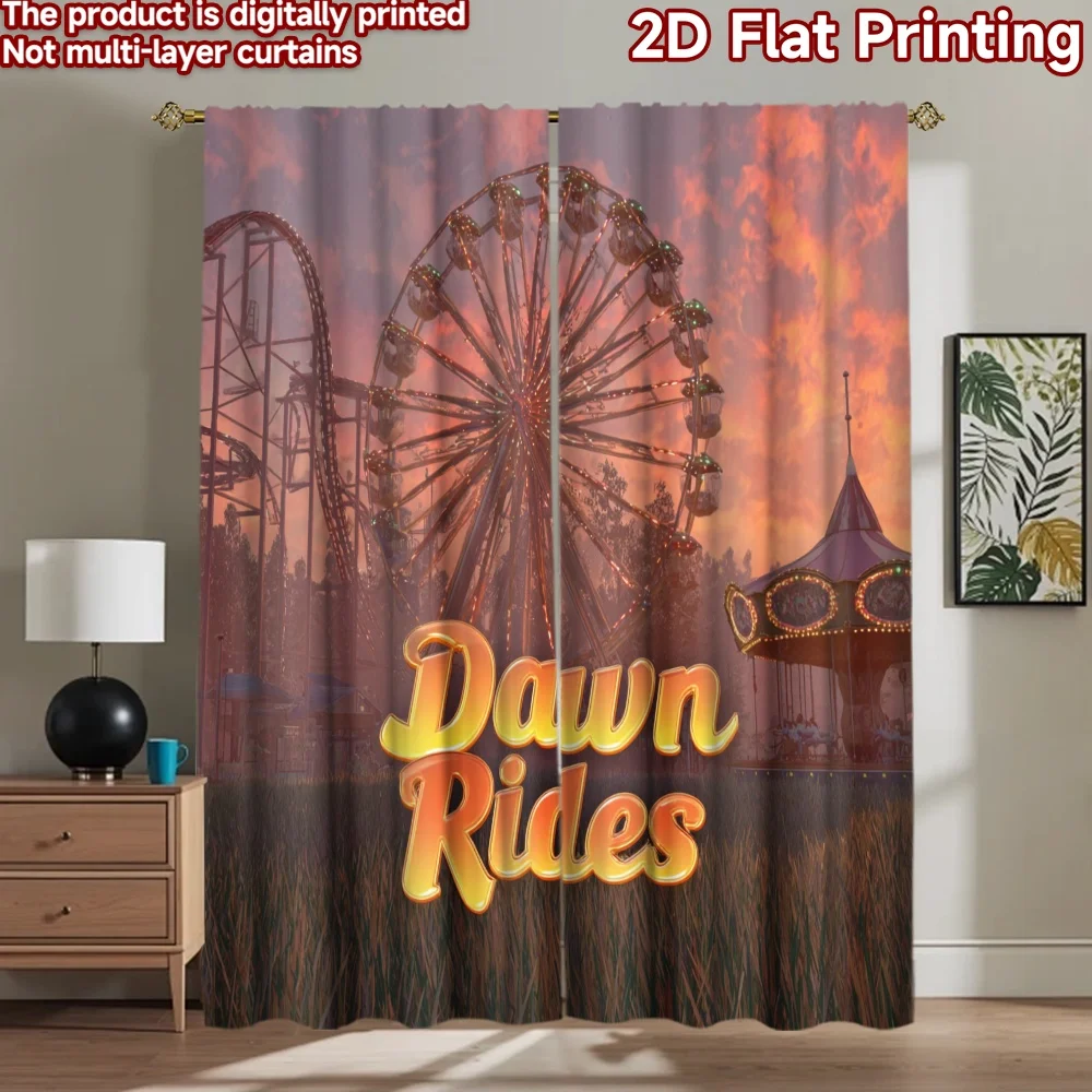 2D flat printing 2pcs Drapes Dawn Rides Ferris Wheel Digital Printed Polyester Drapes Festive Holiday Perfect for Outdoor and