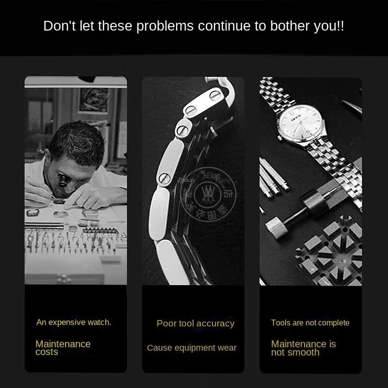 時計修理ツールキット、リンクピンリムーバー、シェルオープナー、時計バッテリー交換、ストラップセット、黒