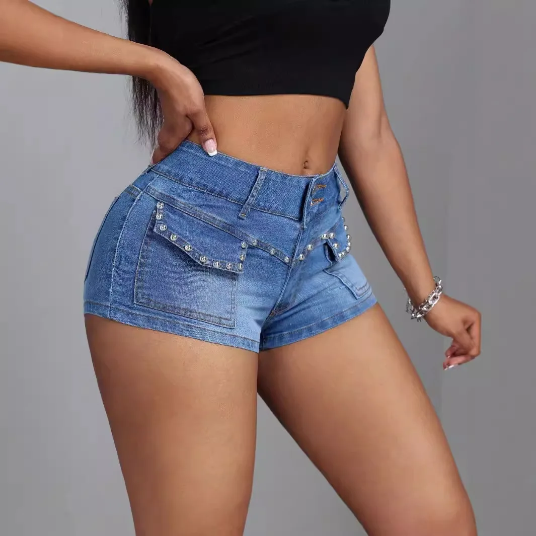 Summer New Women's Jeans Sexy Low Waist Skinny Beaded Bullet Denim Shorts