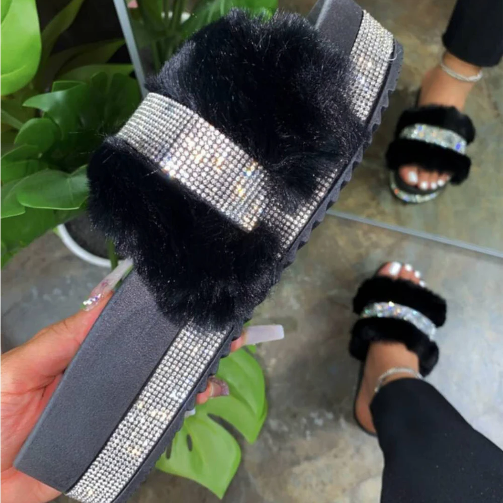 Summer Slippers Woman Faux Fur Slides Rhinestone Furry Pink Shoes Pantufas De Pelucia De Bi Fluffy Sliders Plush Slippers