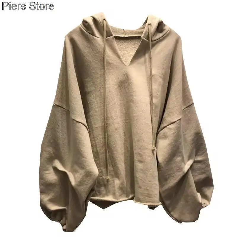 2025 Women Hoodies Sweatshirt Solid Color Drawstring Pullover Hoodie Autumn Batwing Sleeve V-Neck Women Sweatshirt Loose Jumper