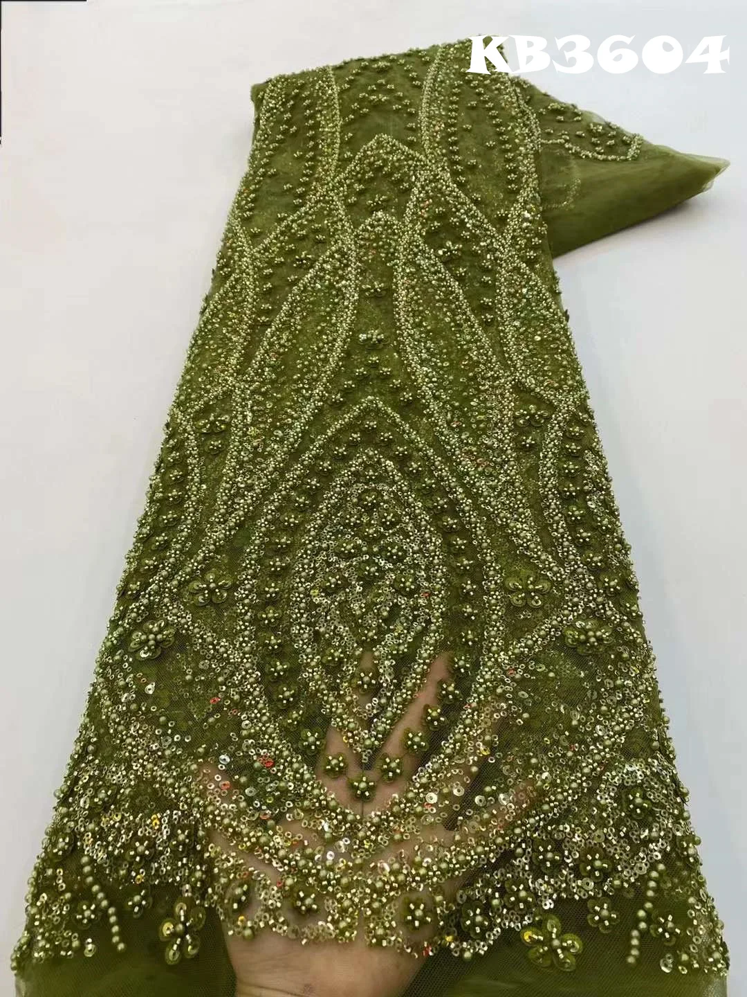 Olive Green Beaded Lace Fabric Nigerian Lace Fabric 2023 High Quality Lace Gold Embroidered Fabric For Women\'s Evening Dress