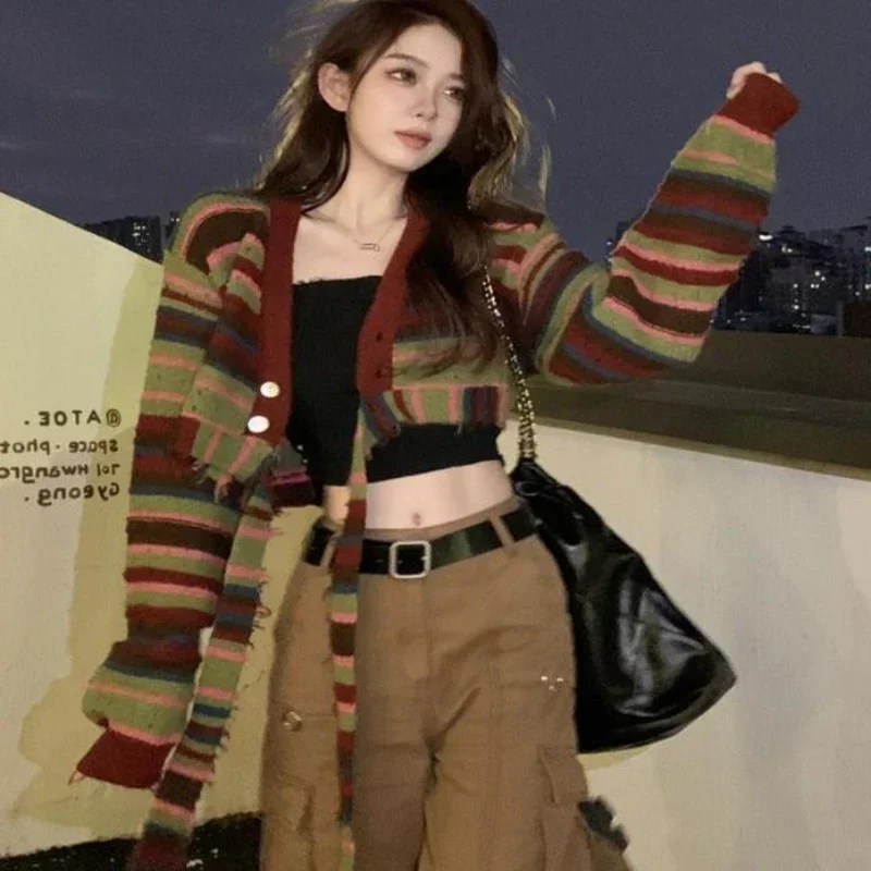 Women Cardigan Vintage Chic Color Collision Striped Tie Knit Cardigan Spring and Autumn Short V-neck Sweater Cardigan Female